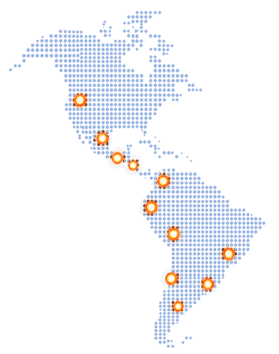 Mapa de presencia en 13 paises de America Latina y Estados Unidos