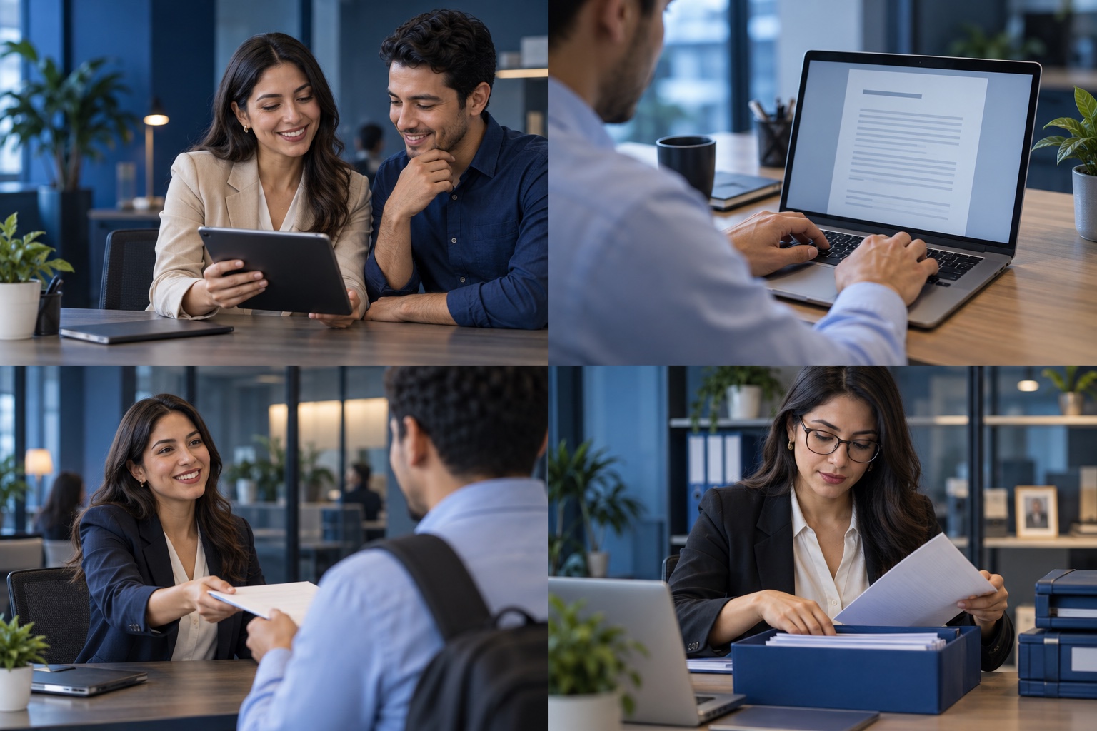 HR professional and new colleague reviewing a document on a tablet