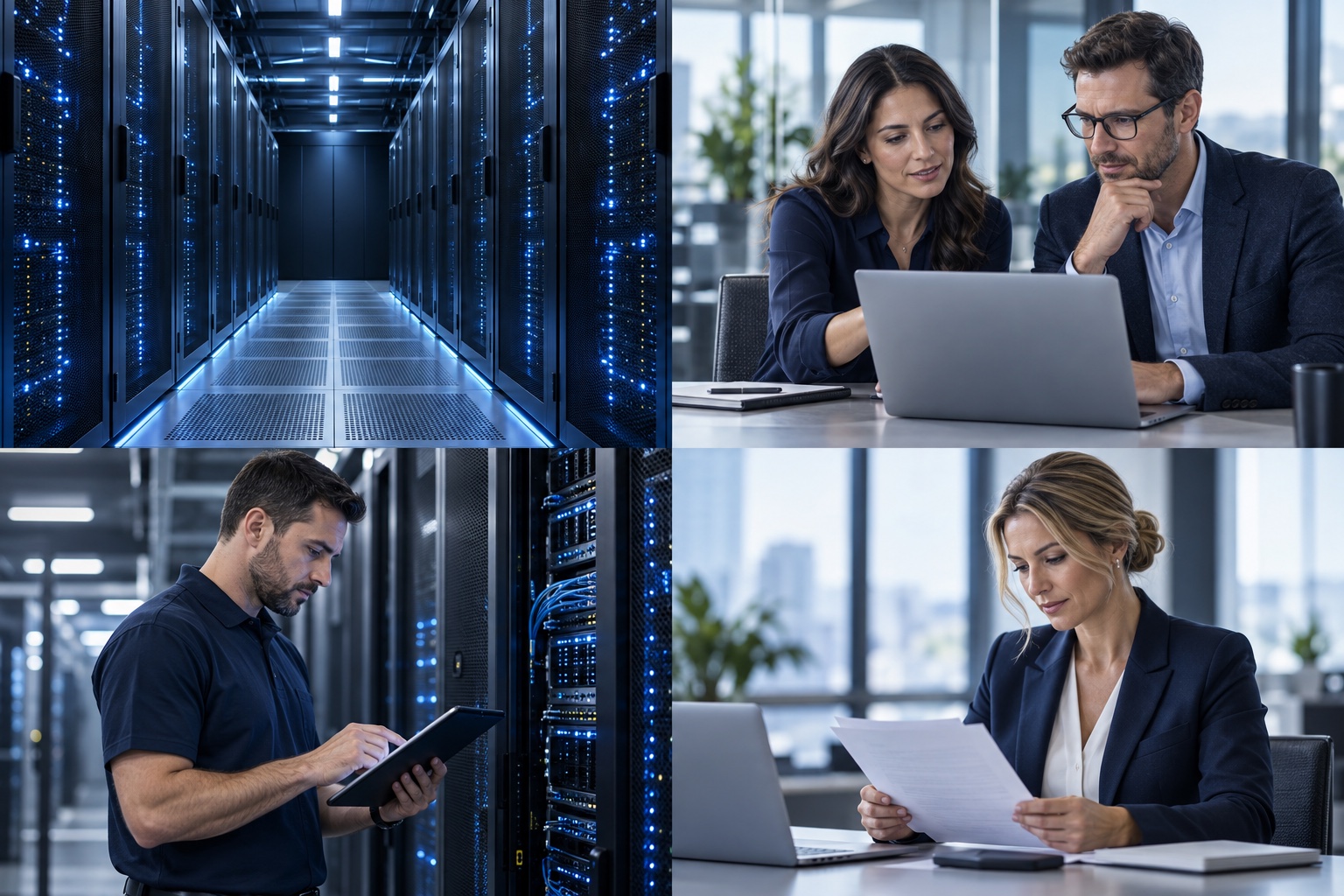 Illustrative data center with illuminated server racks